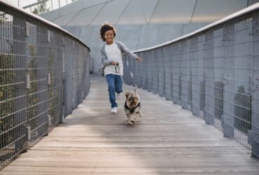 Happy ethnic boy running on bridge with cute dog